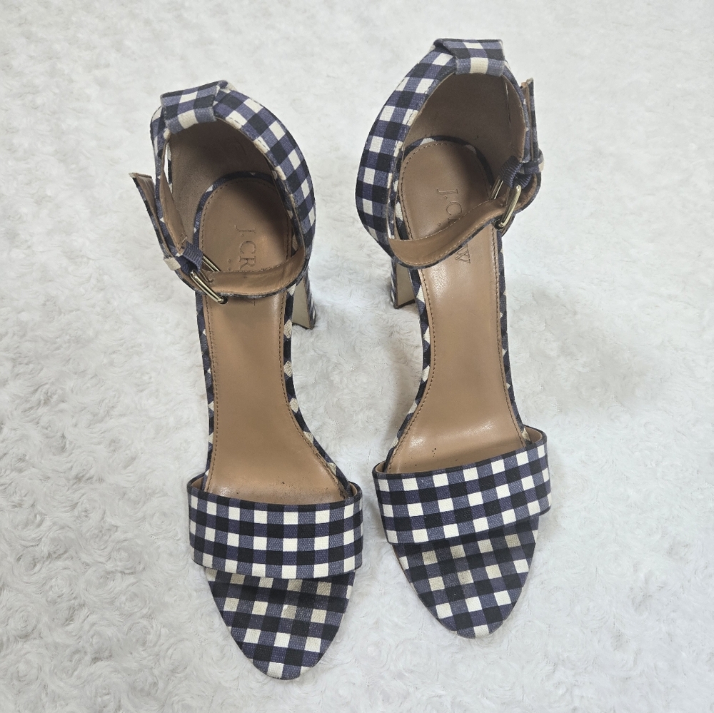 J Crew Gingham Heels Retro Chunky Ankle Strap Blue White Plaid - Picture 5 of 6